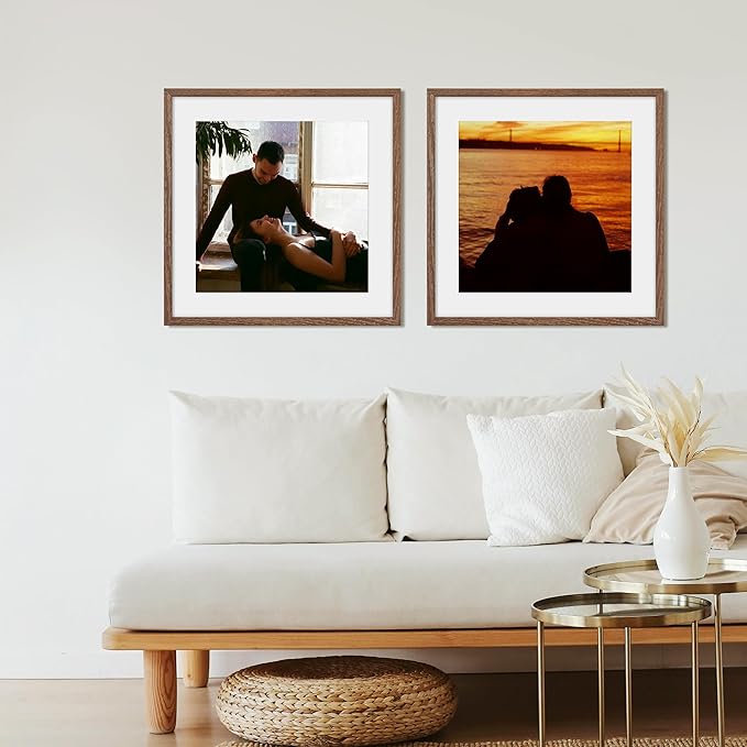 Fun Memories 20x20 Square Picture Frames, Rustic Solid Oak Wood Frame for Wall, Wooden Photo Frame with Tempered Real Glass, Matted to 16x16, Walnut Color, Set of 2