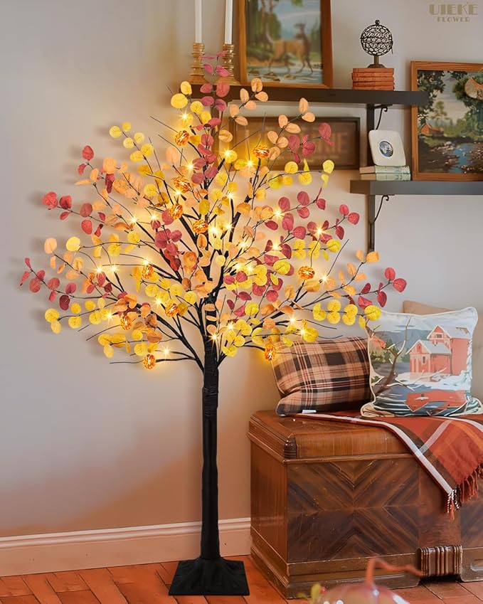 Uieke 4FT 48LED Lighted Fall Eucalyptus Tree Artificial Fall Tree with 12PCS Pumpkins & 8 Modes Thanksgiving Fall Decorations for Home Autumn Decor Indoor Outdoor