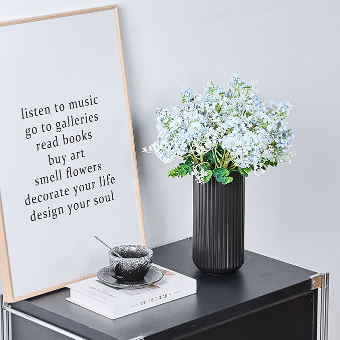 Black Ceramic Flower Vase for Pampas Grass, 8 inch Small Decorative Centerpiece Ribbed Vase for Dining Table, Office Desktop, Shelf Bookshelf, Mantel, Entryway, Bathroom, Countertop, Farmhouse, Gift