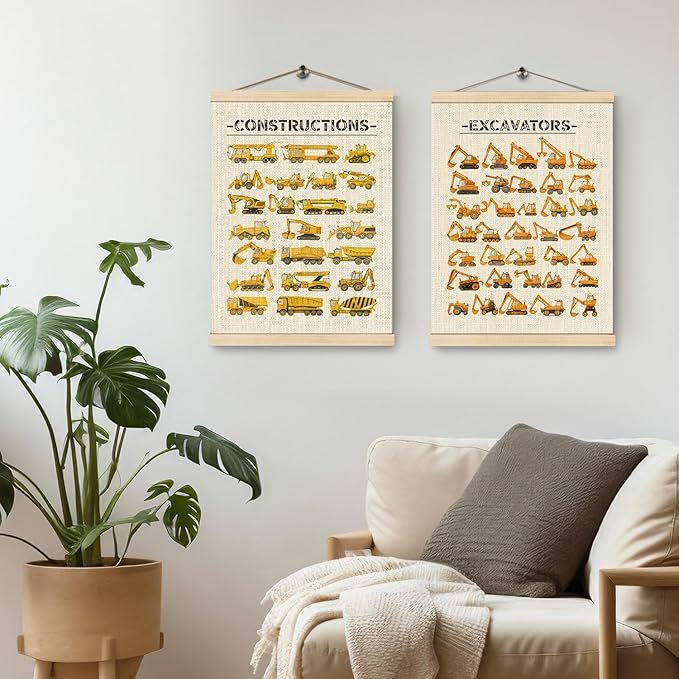 HKTZM Constructions Excavators Wall Decor, Constructions Nursery Wall Art With Wooden Poster Hanger, Transport Posters Walls Decoration for Kids Boys Room Nursery Playroom, 12x16 Inch Set of 2