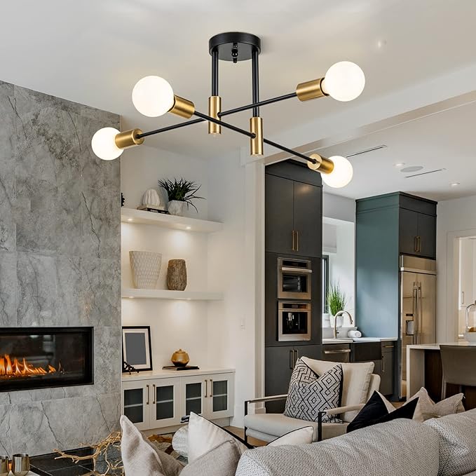 4-Light Black Modern Sputnik Chandeliers, Gold Semi Flush Mount Ceiling Light Fixture, Mid Century Farmhouse Kitchen Lighting Fixtures Ceiling Mount for Living Room Dining Room Bedroom
