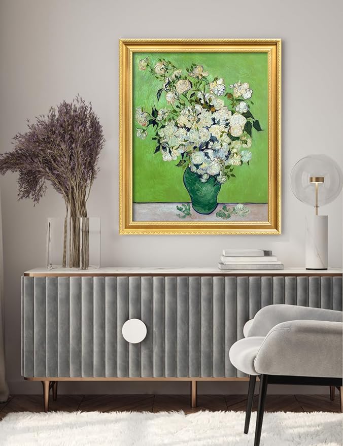 DECORARTS - Vincent van Gogh's Pink Roses in a Vase, Museum-Quality Giclee Canvas Print in Gold Solid Wood Frame, 34.75 x 28.75 in, Ready to Hang, Made in USA