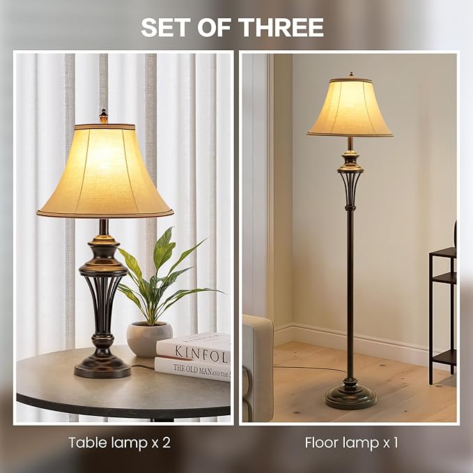 3 Pack Lamp Set (2 Table Lamps, 1 Floor Lamp), 3-Piece Vintage Style Table and Floor Lamp Set in Bronze Finish with Brown Fabric Lamp Shades, 26" and 61"(H), Solid Iron