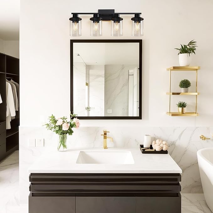 LOUSACE 4 Light Bathroom Vanity Light, Matte Black Bathroom Light Fixtures, Modern Bathroom Lights Over Mirror with Clear Glass Shade, Wall Sconce Lighting for Bedroom Living Room