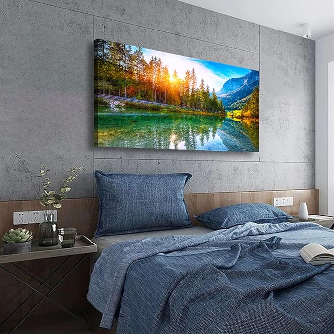 Scenery Canvas Wall Art for Living room Office Bedroom Sunshine Forest Landscape Wall Art Green Nature Pictures Art Print Paintings Modern Mountain Lake Wall Decor Artwork Waterproof -20 * 40inch