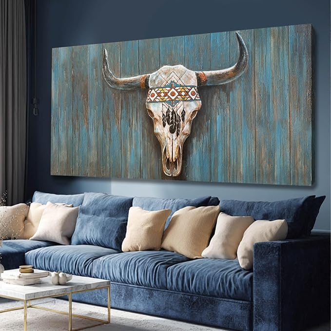 Cow Home Decor White and Blue Wall Art Modern Wall Decorations 29"x58" Large Artwork for Living Room Office Poster Printing