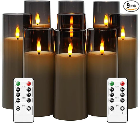 Flickering Flameless Candles Battery Operated with Remote and 2/4/6/8 H Timer Plexiglass Led Pillar Candles Pack of 9 (D2.3 xH 6" 7" 8") with Realistic Moving Wick Candles for Home Decor(Grey)