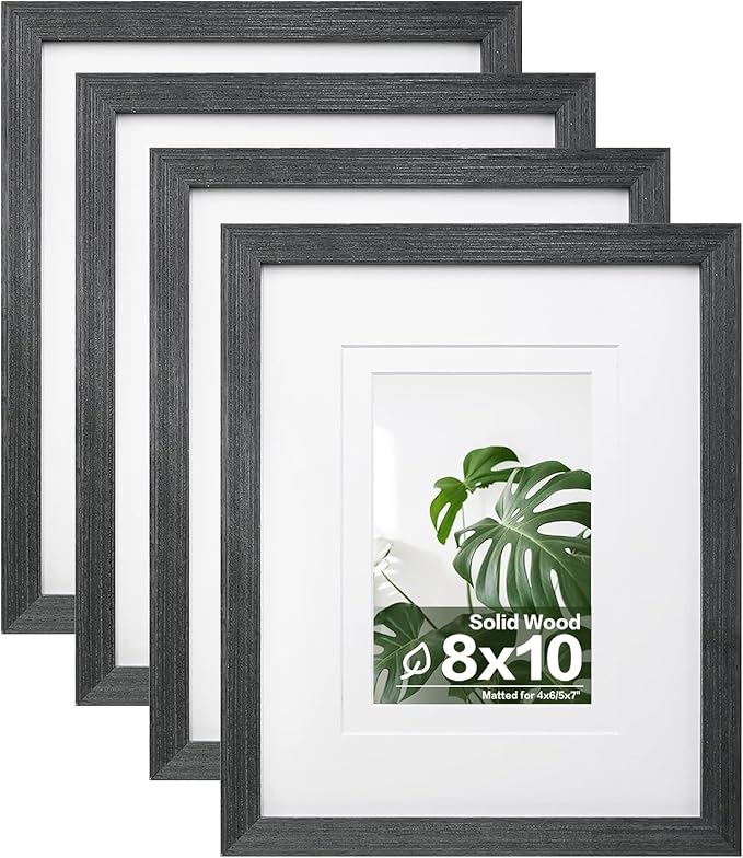 Egofine 8x10 Picture Frames Set of 4, Made of Solid Wood Covered by Plexiglass 4x6 and 5x7 with Mat or 8x10 without Mat, for Table Top Display and Wall Mounting Photo Frame Rustic Black