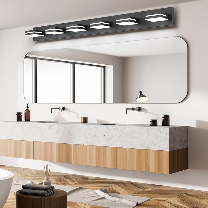 SineRise LED Modern Bathroom Vanity Light Fixtures (6-Light, 48-Inch, Dimmable), Matte Black Modern Acrylic Bathroom Wall Lighting Fixtures Over Mirror (Cool White 6000K)