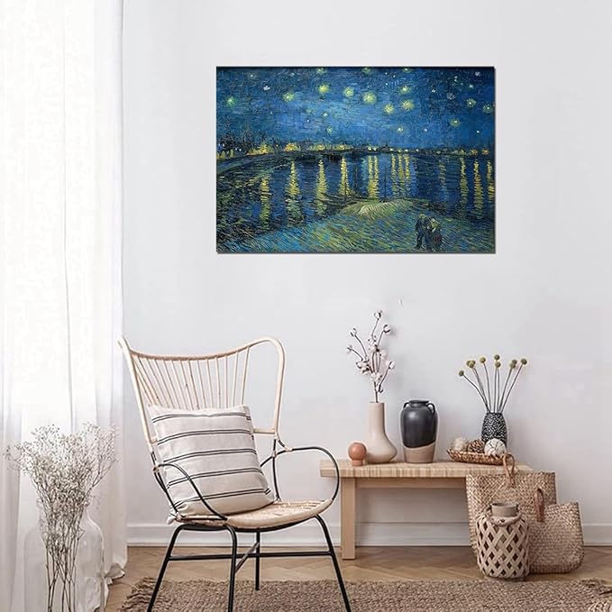 QBQT Starry Night Over the Rhone by Van Gogh Modern Bathroom Kitchen Decor Blue Artwork Abstract Landscape Picture Canvas Prints Wall Art for Home Office Decor 12x18inch Framed