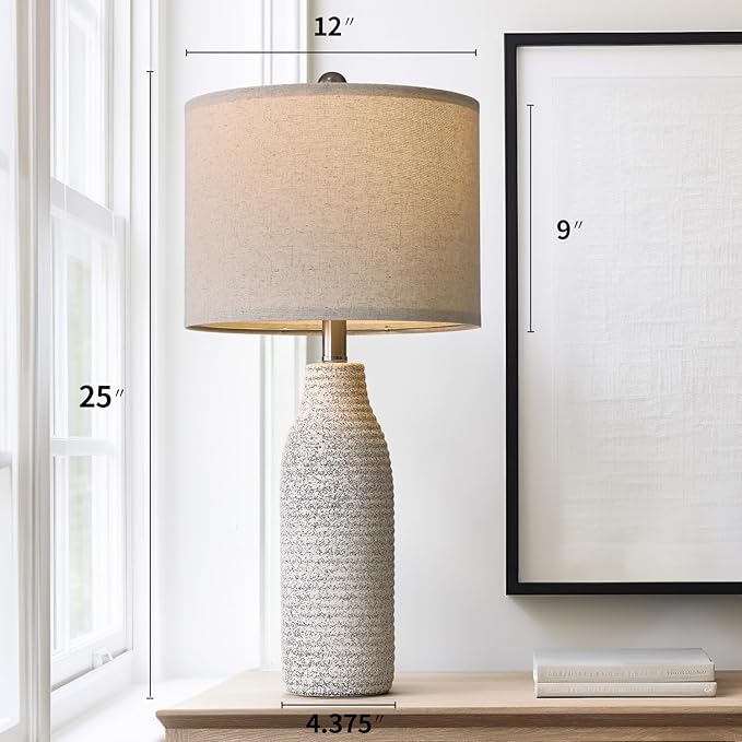 PORTRES 25" Ceramic Table Lamp for Bedroom Bedside Lamps for Night Stands Modern Lamps for Living Room with Rotary Switch Gray and White（1Pack）