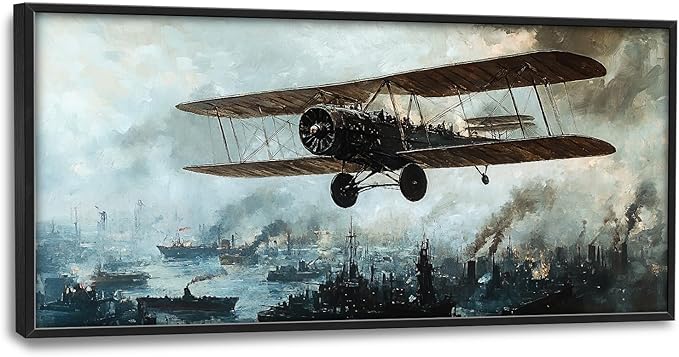 Flintis Large old Biplane Framed Wall Art Vintage Aircraft Pictures Wall Decor Abstract Airplane Poster Canvas Painting Print Artworks Framed for Living Room Bathroom Master Bedroom 60L X 30W