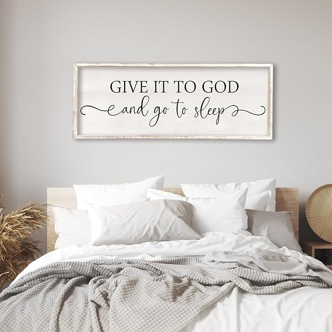 Surfapans Give It To God And Go To Sleep Sign Wall Decor 40"x15" ofr Master Bedroom Guest Room Wood Rustic Framed Wall Art Sign (White)