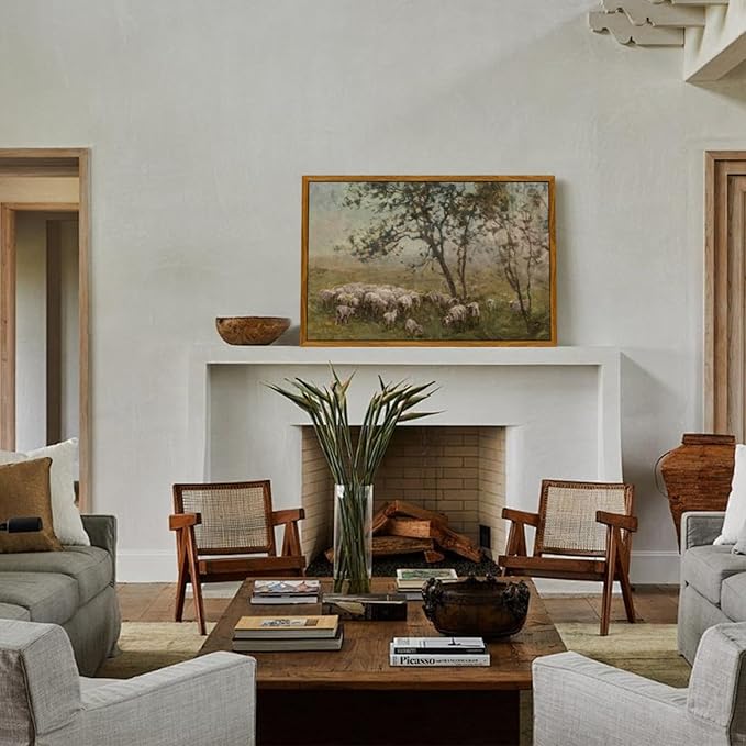 crmotu Vintage Framed Wall Art, Animal Landscape Canvas Prints, Prairie Sheep Rustic Farmhouse Decor Pictures, French Country Retro Paintings Wall Decor Living Room Bedroom Bathroom Kitchen 16x24in