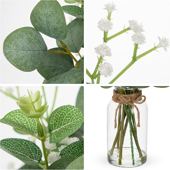 Artificial Eucalyptus Stems with Baby Breath Flowers in Glass Vase with Faux Water, 14" Fake Plant Eucalyptus Leaves for Home Farmhouse Wedding Centerpiece Bathroom Décor