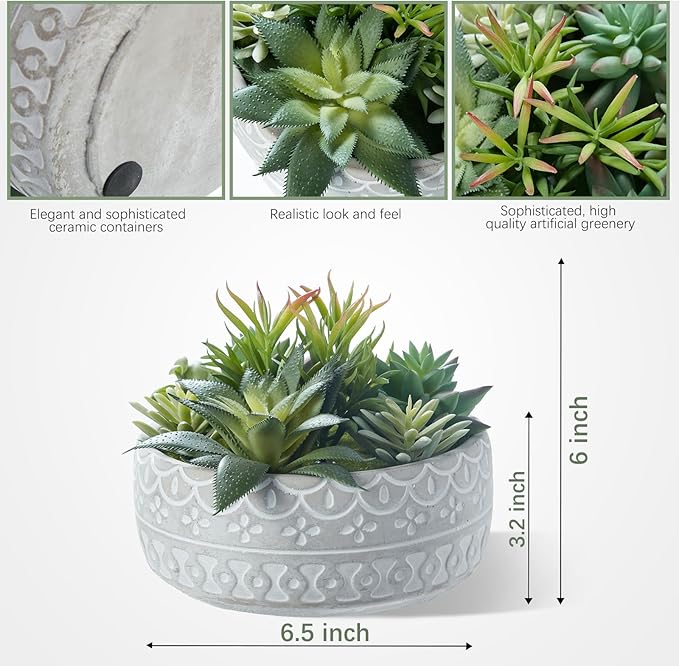 Artificial Succulent Plants Faux Potted Indoor with Ceramic Pot - Fake Plants for Bedroom, Bathroom, Home Office, Coffee Table Decor - Desk & Room Aesthetics