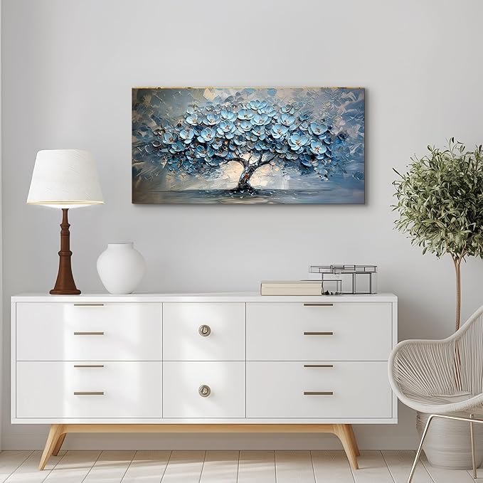 crmotu Tree of Life Large Wall Art, Blue Tree Oil Paintings Art Prints, Blooming Flowers Canvas Wall Decor, Modern Abstract Wall Pictures for Living Room Bedroom Bathroom Home Office 20"X40"