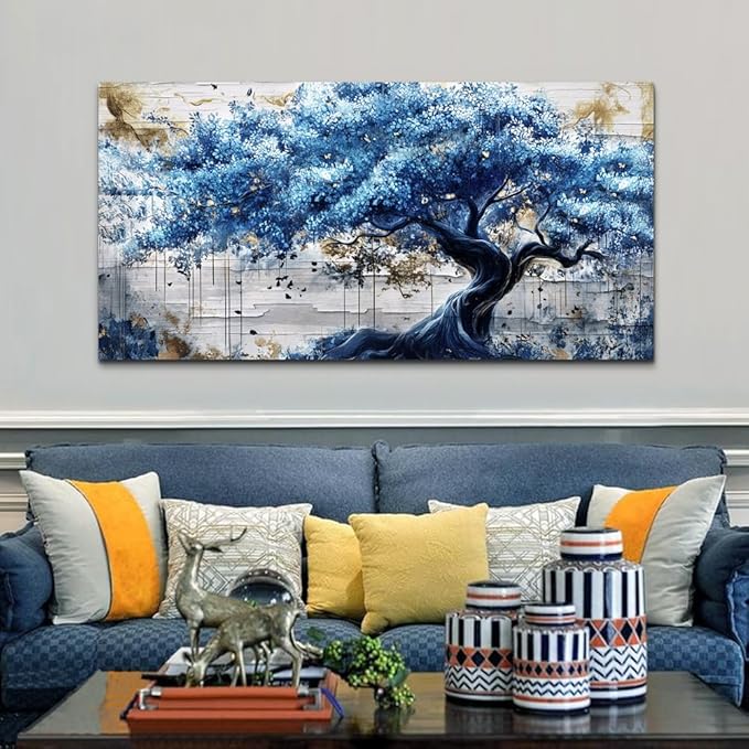 ERQINHUA Large Canvas Wall Decor For Living Room Wall Art For Bedroom Office Decor Blue Tree Wall Paintings Farmhouse Abstract Watercolour Pictures Artwork Home Decor Ready To Hang Posters 30"X60"