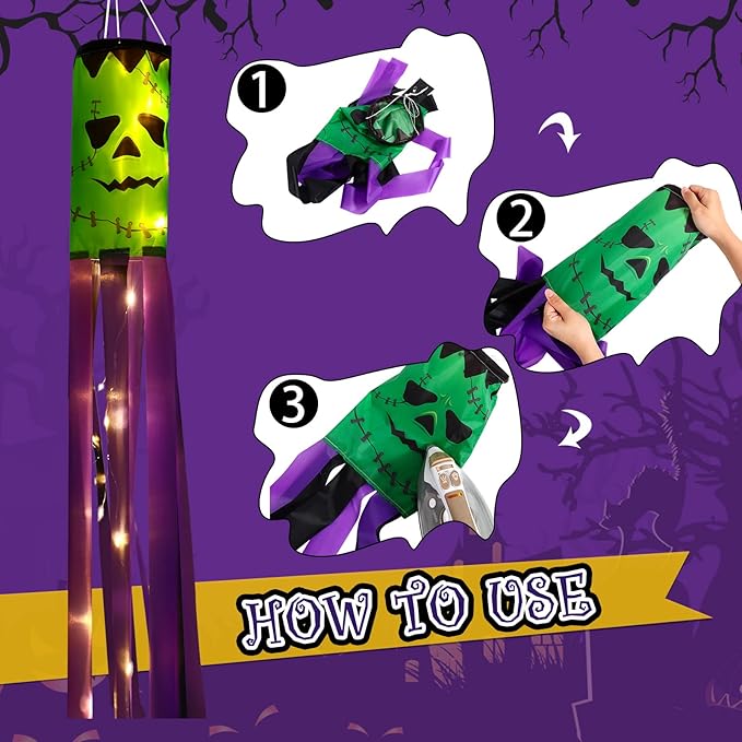 4 Pieces Halloween Windsock Flag 39 Inch Pumpkin Bat Ghost Spooky Cartoon Wind Socks Flag with LED Lights Outdoor Hanging Decoration for Home Yard Patio Lawn Garden Tree Party Decoration