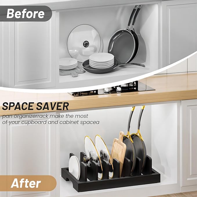 Bamboo Pot and Pan Organizer, Pot Lid Organizer Holder Rack for Countertop Drawer, Kitchen Cabinet Organizer with 7 Adjustable Dividers for Pots, Pans, Baking Sheets, Cutting Boards, Black