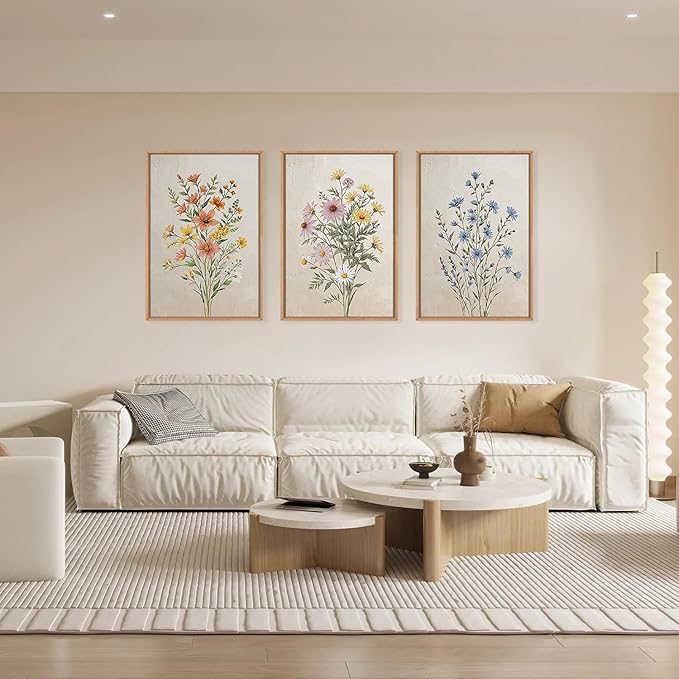 HPINUB Colorful Wildflower Canvas Framed Wall Art Set,Minimalist Botanical Floral Wall Decor,Vintage Flower Artwork,Modern Watercolor Boho Bouquet Art Print for Living Room,Bedroom,Farmhouse-24"x36"x3