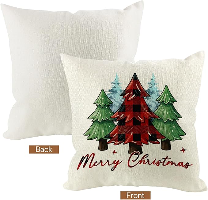 Christmas Pillow Covers 18x18 inch Set of 4, Holiday Winter Outdoor Red Plaid Vintage Tree Snowflake Xmas White Farmhouse Burgundy Seasonal Burlap Decorations for Sofa Couch