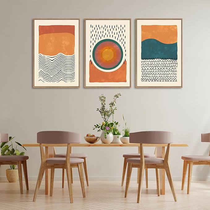 HPINUB Boho Abstract Framed Canvas Prints Wall Art Set, Mid-Century Color Block Shape Wall Decor, Minimalist Illustrations Art Photos for Living Room, Bedroom, Dining Room, Office, Bathroom-24 x36 x3