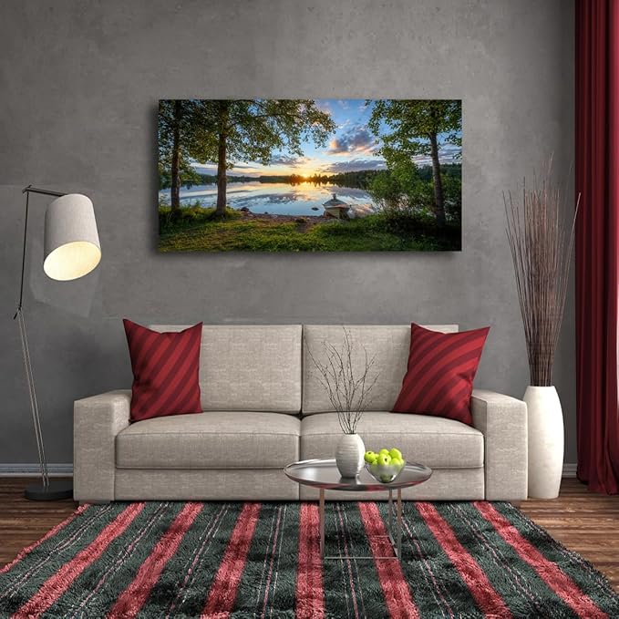 Tree Canvas Wall Art of a Sunrise Over a Forest Lake 24x48inches Nature Inspired Painting Perfect for Wall Decoration in Living Room and Bedroom Trees and Landscape Picture Artwork Prints