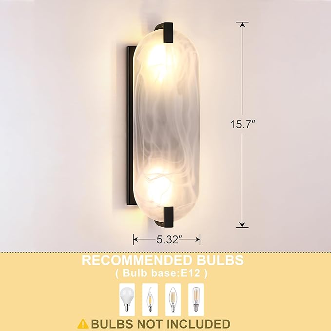 2 Pack 2 Light Oval Frosted Glass Bathroom Wall Sconce Modern Concise Style Wall Light Fixture,Black Finish for Bedroom Hallway Bedside