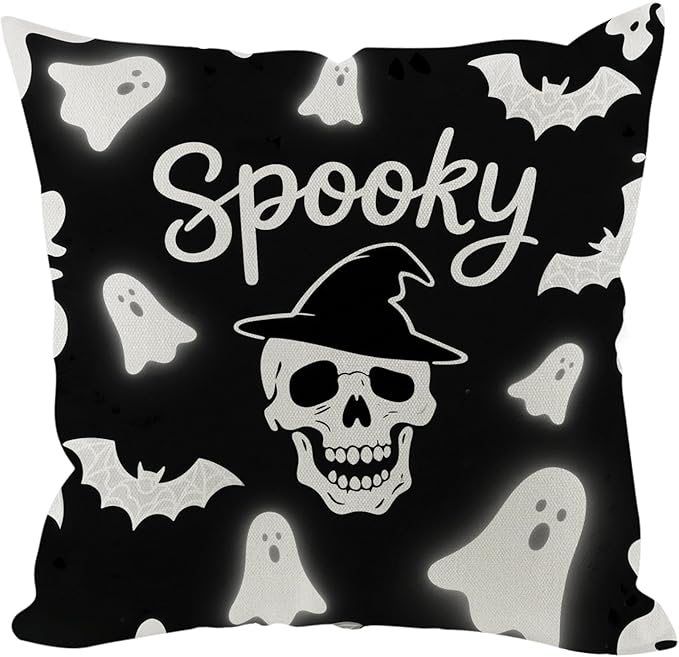 Halloween Pillow Covers 18x18 inch Set of 4, Linen Outdoor Farmhouse Cute Ghost Vintage Cat Skull Spooky Trick or Treat Party Supplies Black and White Decorations for Sofa Couch
