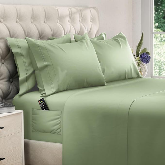 DREAMCARE Queen Sheet Set – 6 pcs Cooling Bed Sheets – up to 21” Deep Pocket Queen Sheets Set – 2500 Supreme Collection – Extra Soft 100% Brushed Microfiber Hotel Luxury with Side Pocket – Sage Green