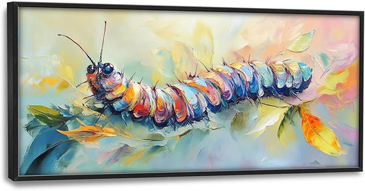 Extra Large Framed Abstract Caterpillar Wall Art,Colorful Cute Caterpillar Leaves Wall Decor Pictures for Living Room,Canvas Print Painting Modern Artwork Bedroom Office Bathroom 60L x30W