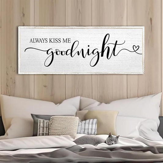 Always Kiss Me Goodnight Wall Sign 40''×15'' Vintage Master Bedroom Above Bed Farmhouse Wooden Framed Family Wall Decor for Larg Couples Over Bed Wall Art Decoration (White)