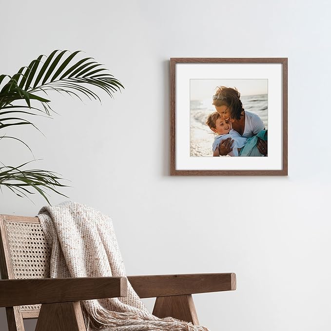 Fun Memories 12x12 Picture Frame in Walnut, 12 x 12 Frame Set of 3, Rustic Oak Wood Frame 12 x 12 for Wall, 12x12 Frame display 8x8 Picture with Mat, Tempered Glass, Wall Collage Frame 12 by 12