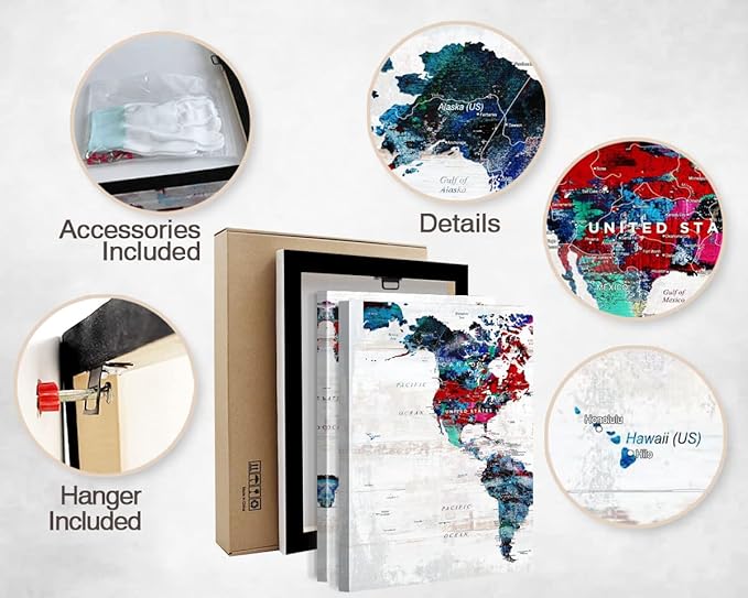 World Map Wall Art Living Room Wall Decor Office Pictures for Wall Decorations Large Abstract Art 60" W x 28" H Framed Paintings for Dining Room