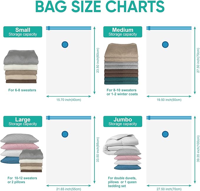 Space Saver Vacuum Storage Bags, 6 Pack Space Saver Bags with Pump, Storage Vacuum Sealed Bags for Clothes, Comforters, Blankets, Bedding (6 Small)