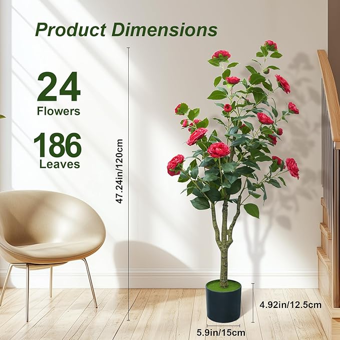 4ft Artificial Camellia Tree with White Silk Flowers - Realistic Faux Flowering Plant for Indoor/Outdoor Decor, Home Staging & Wedding Centerpieces, Set of 2-Red