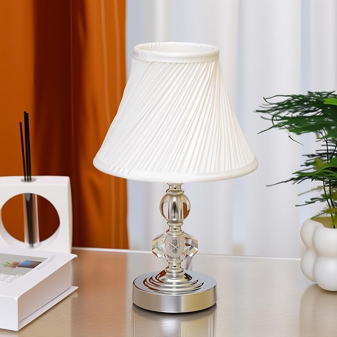 Small Modern Crystal Bedside Table Lamp, 7 x 7 x 12 Inch Electroplaetd Silver Base Table Lamp for Bedrooms and Office (White Pleated Bell Shape Shade)