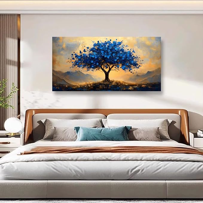 Tree of Life Pictures Canvas Wall Art for Living room Office Bedroom Wall Decor,Ginkgo Tree Wall Art Print Paintings Modern Autumn Blue Scenery Artwork Waterproof Ready to Hang-20x40inch