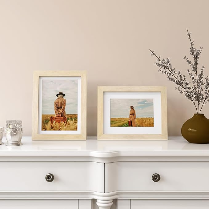 Egofine 6x8 Picture Frames Set of 4, Made of Solid Wood Covered by Plexiglass 4x6 and 5x7 with Mat or 6x8 without Mat, for Table Top Display and Wall Mounting Photo Frame Oak Wood