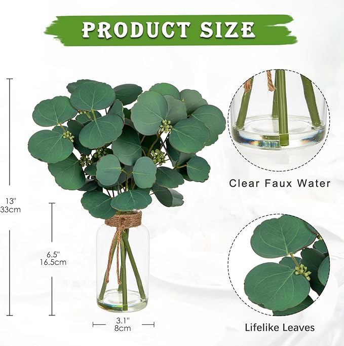 Briful Artificial Eucalyptus Stems in Clear Glass Vase with Faux Water, 14" Fake Plant Eucalyptus Leaves for Home Office Farmhouse Wedding Centerpiece Décor