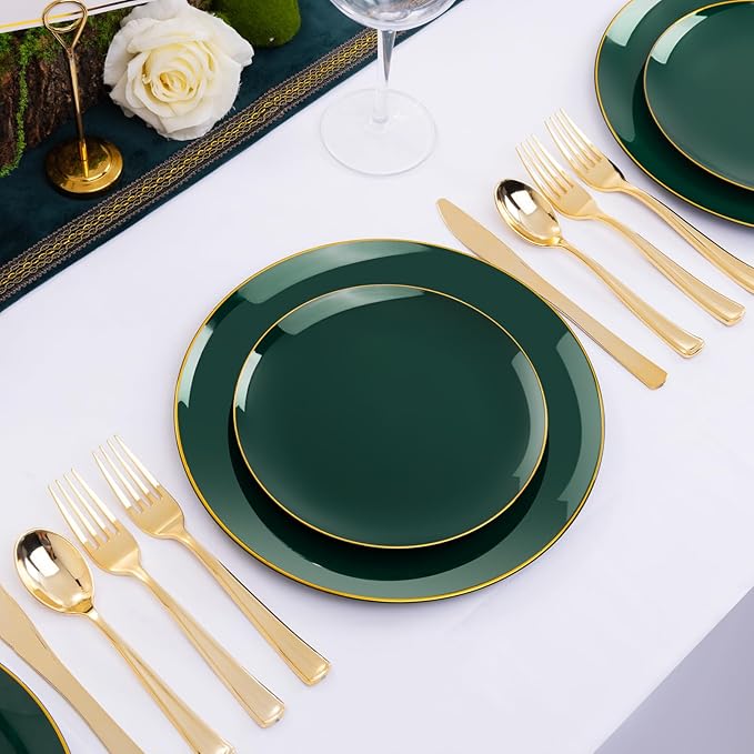 YOUBET 125PCS Green Plastic Plates - Green Disposable Plates With Gold Rim Include 25 Dinner Plate, 25 Dessert Plate, 75 Gold Plastic Cutlery for Party Wedding