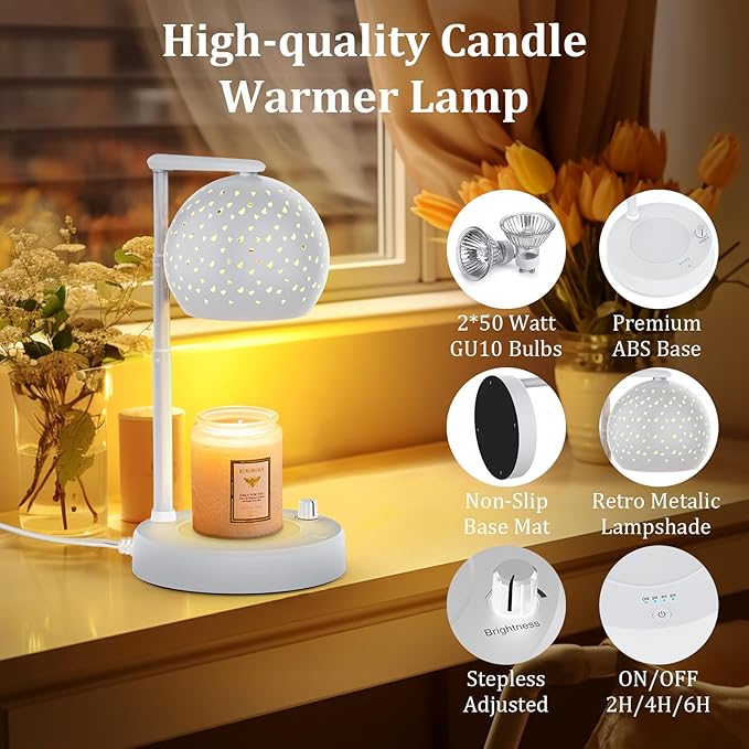 Candle Warmer Lamp with Timer and Dimmer, Gifts for Mom Women, Housewarming New Home Room Decor, Electric Wax Melt with 2 Bulbs, White