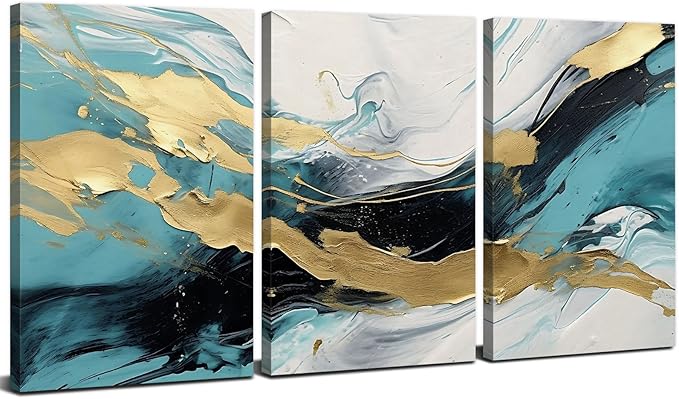 Abstract Teal Canvas Wall Art Bedroom Decor Set of 3 Abstract Gold Line Ink Prints Picture Bathroom Artwork 12x16", Abstract Turquoise Glitter Splash Modern Framed Painting for Living Room Decoration