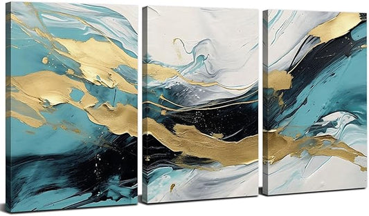 Abstract Teal Canvas Wall Art Bedroom Decor Set of 3 Abstract Gold Line Ink Prints Picture Bathroom Artwork 12x16", Abstract Turquoise Glitter Splash Modern Framed Painting for Living Room Decoration