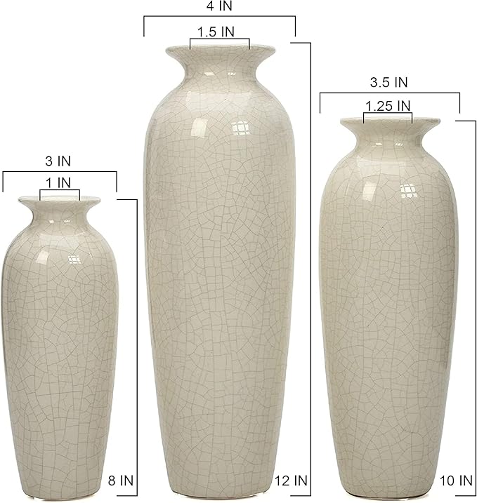 Hosley Set of 3 Crackle Ivory Ceramic Vases. Ideal Gift for Floral Arrangements Wedding or Special Occasions for Use in Home Office Decor Spa Aromatherapy Settings