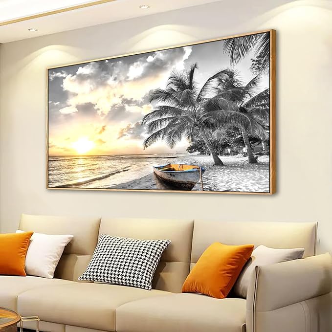 Framed Canvas Wall Art for Living Room Bedroom Office Black and White Beach Wall Art Paintings Pictures Artwork Seascape Sunset Wall Decor 20 * 40inch