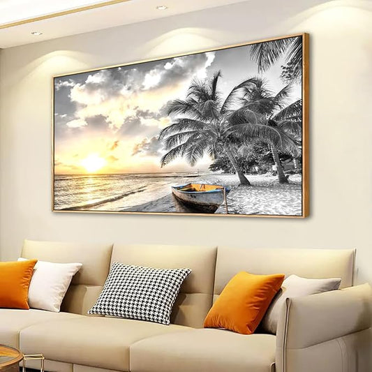 Framed Canvas Wall Art for Living Room Bedroom Office Black and White Beach Wall Art Paintings Pictures Artwork Seascape Sunset Wall Decor 20 * 40inch
