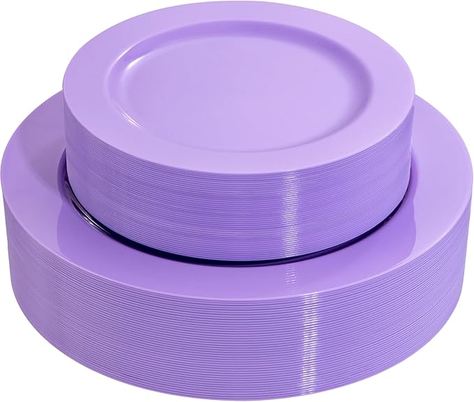 FLOWERCAT 60PCS Purple Plates - Heavy Duty Purple Plastic Plates Disposable for Easter Party/Wedding - Include 30PCS 10.25" Dinner Plates and 30PCS 7.5" Dessert Plates