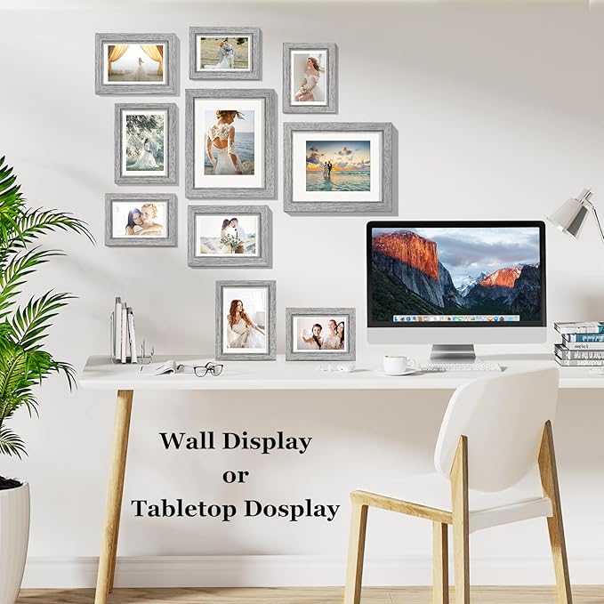 Picture Frames Set of 10 Gray Wood Grain, Bulk MDF Frames for 8x10, 5x7, 4x6 Photos Real Glass for Wall or Tabletop